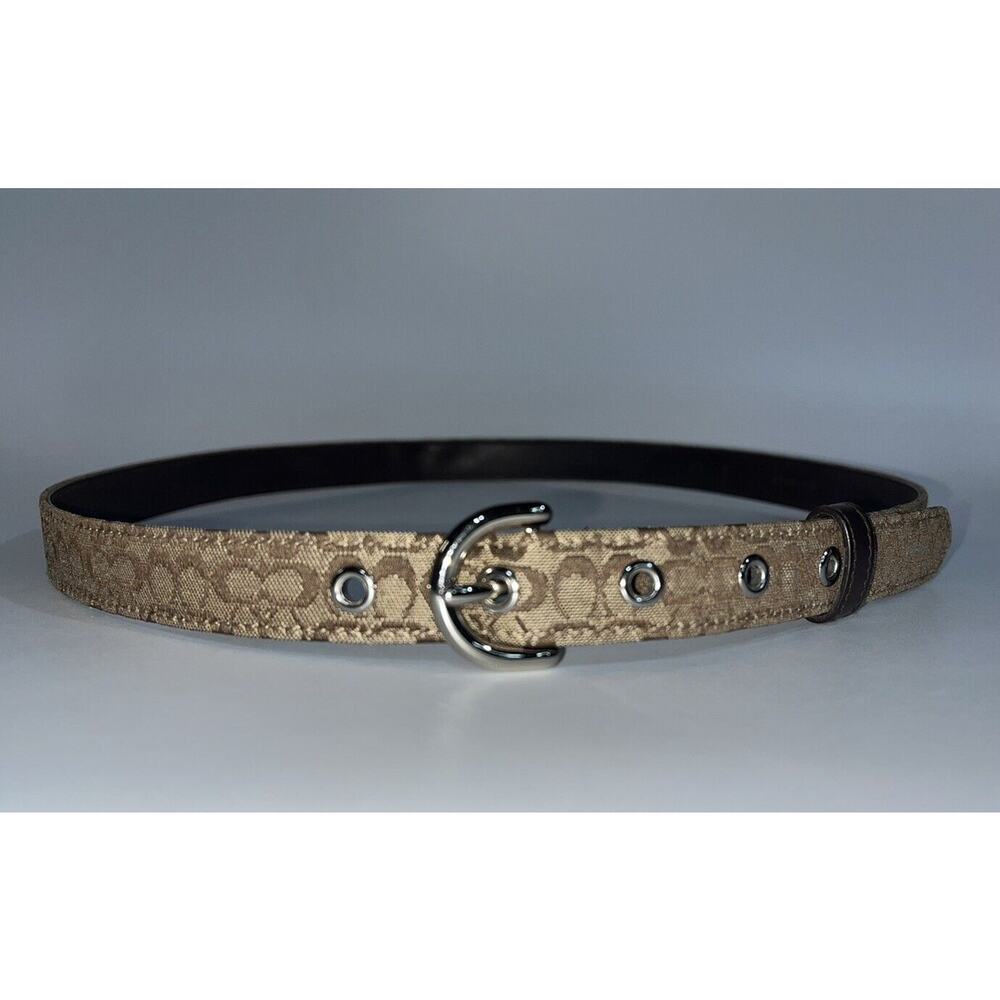 Coach Signature Logo Skinny Belt 3976 Jacquard/Leather Women Sz M Y2K Italy